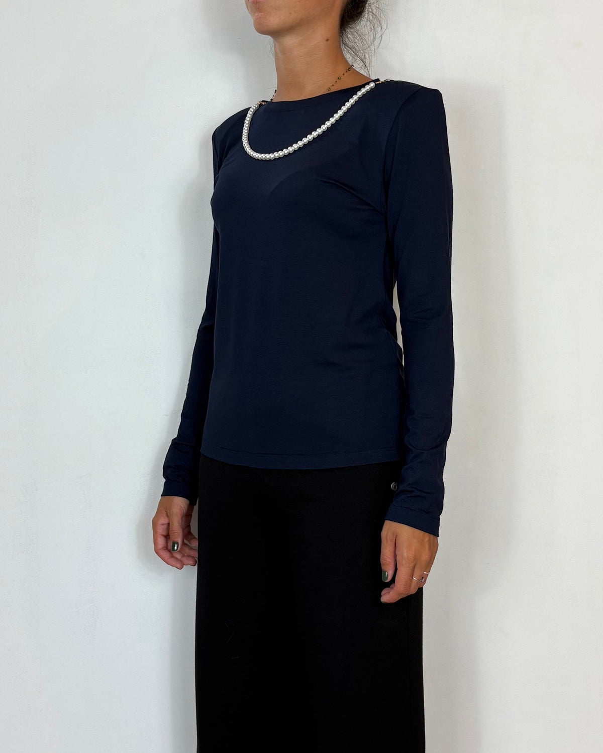 T-Shirt Viscosa Spalline e Perle Blu Olivia Grey