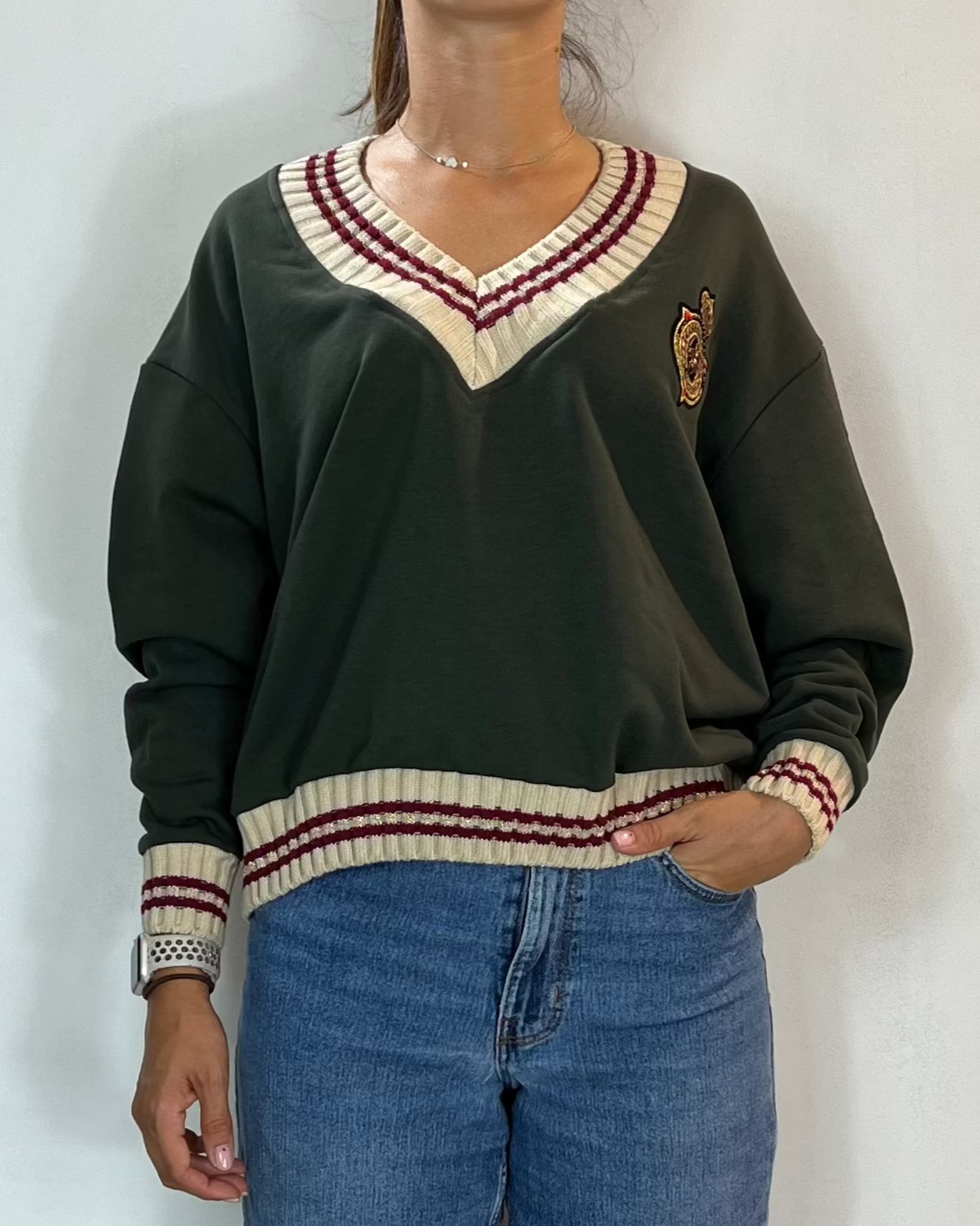 Felpa Scollo V Militare Olivia Grey