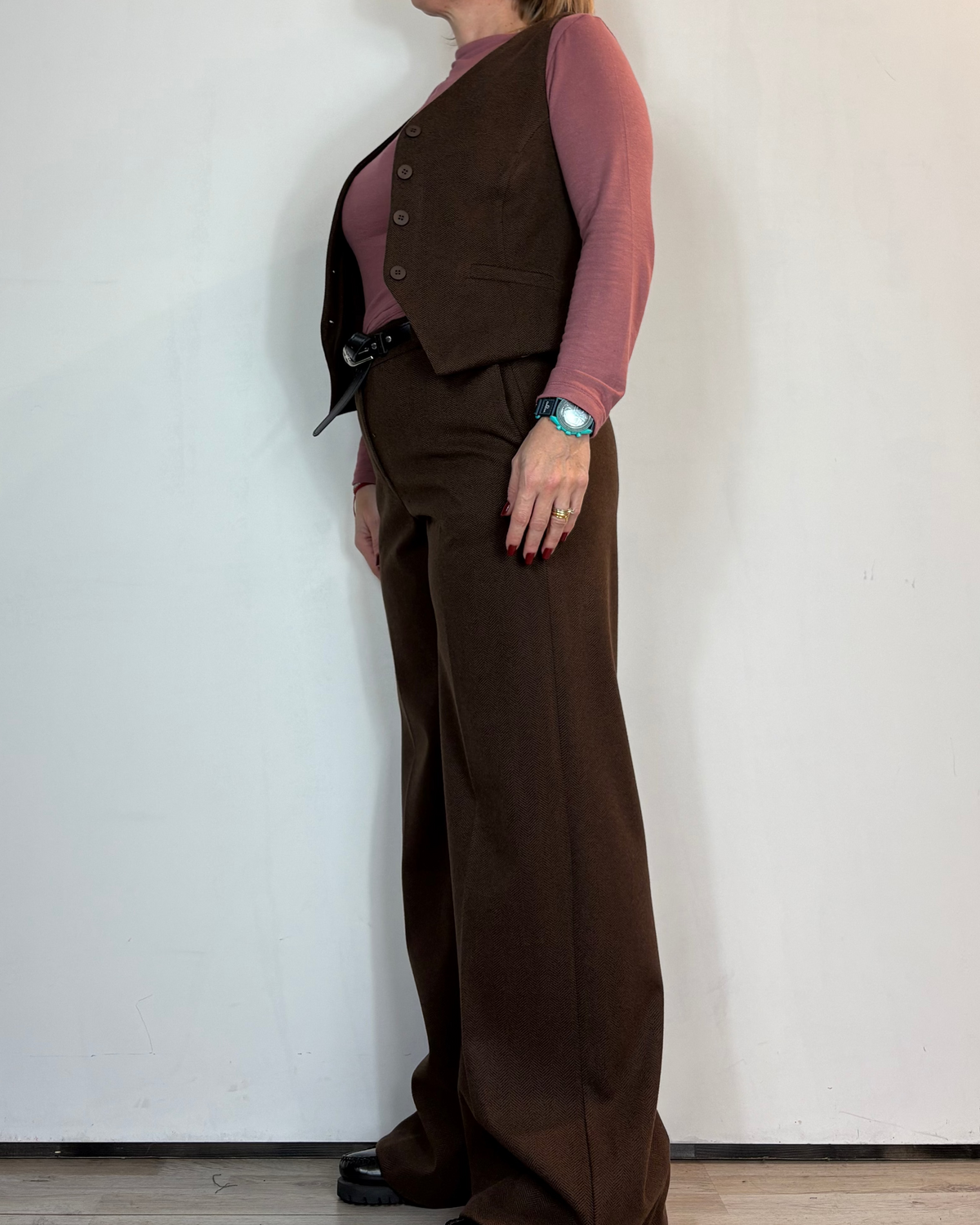 Completo Gilet Pantalone Spigato Marrone Moove