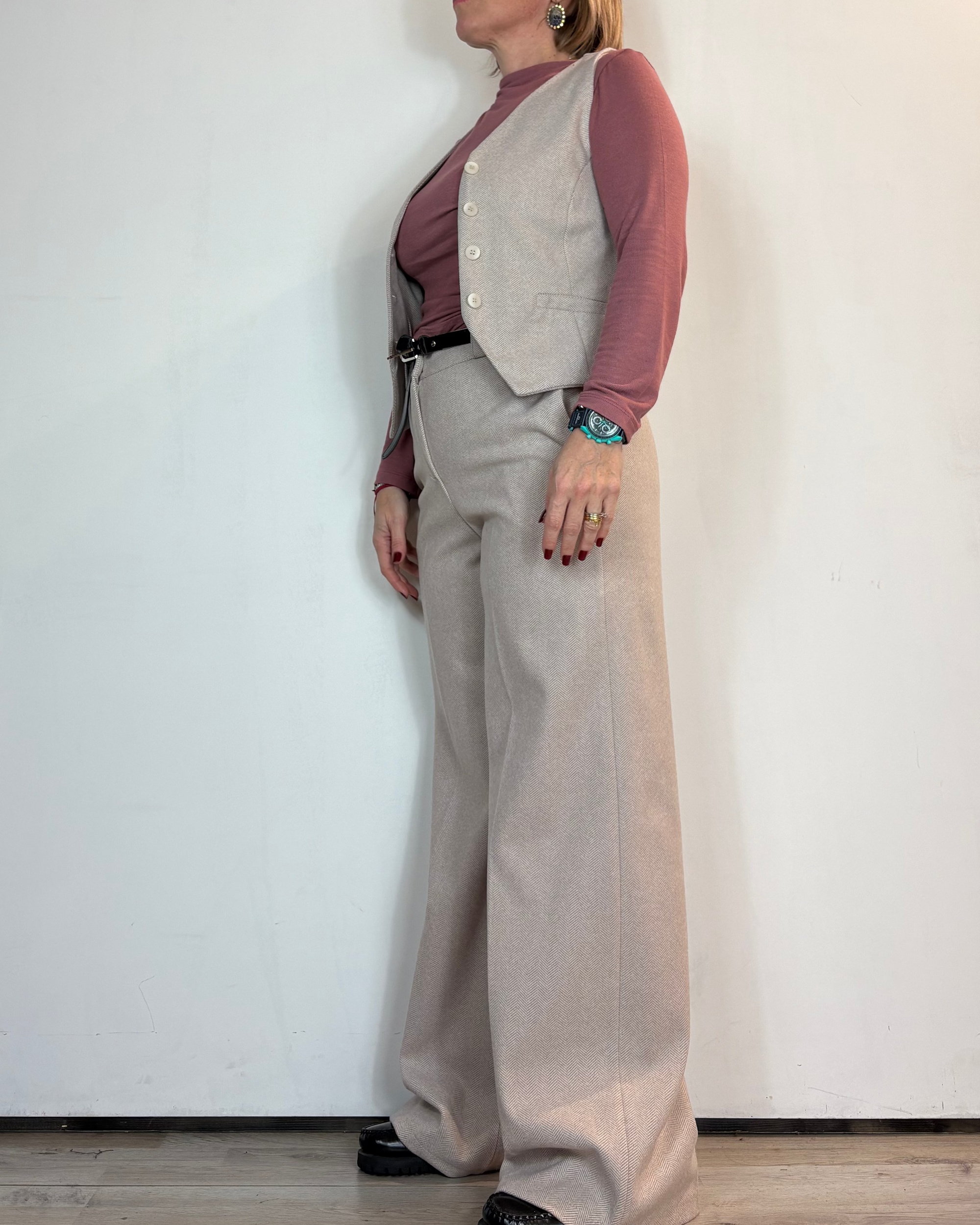 Completo Gilet Pantalone Spigato Panna Moove