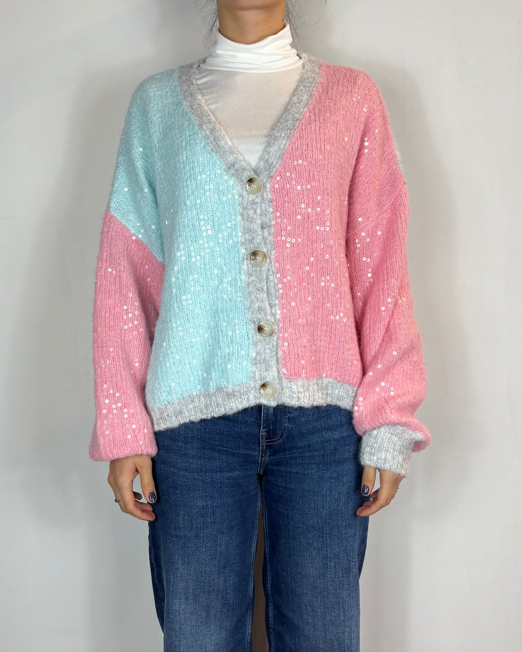 Cardigan Multicolor Pailettes Deep Pink