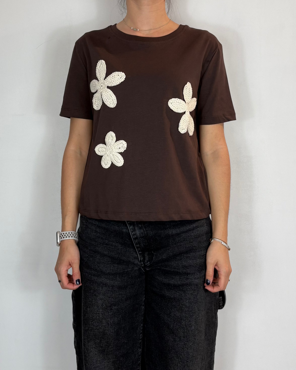 T-shirt Applicazione Fiori Moro Olivia Grey