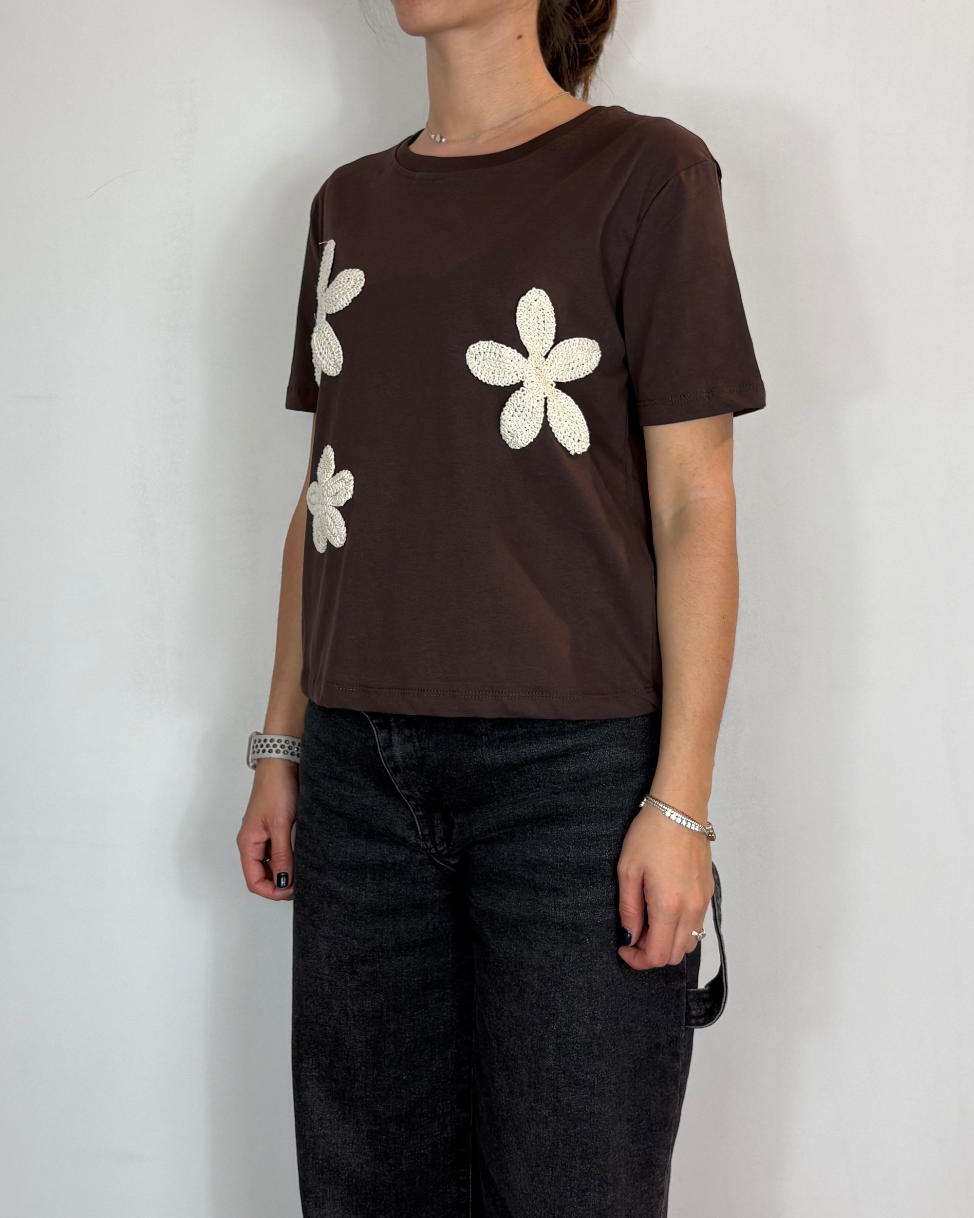 T-shirt Applicazione Fiori Moro Olivia Grey