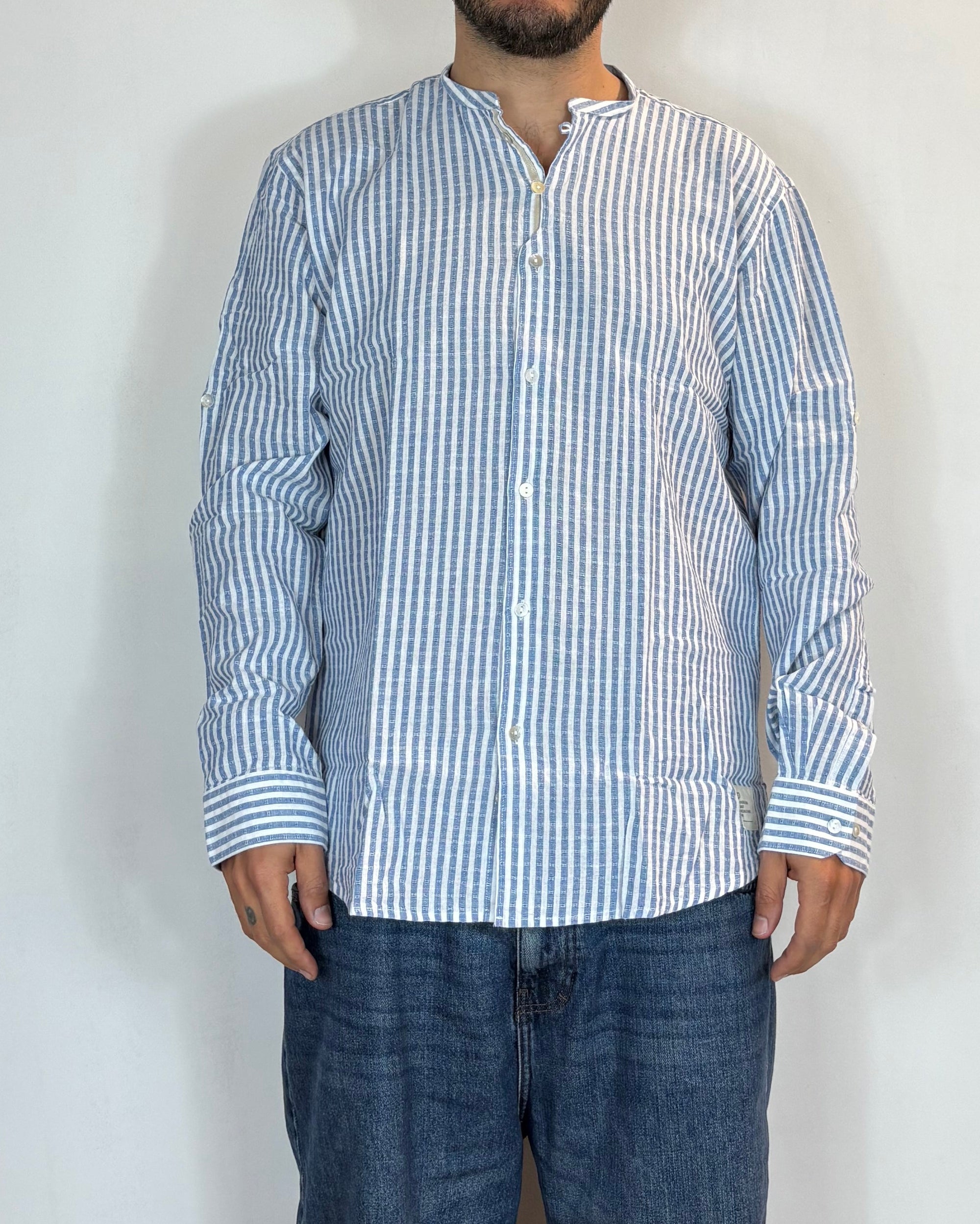 Camicia Korean Lino Riga Blu Over-D