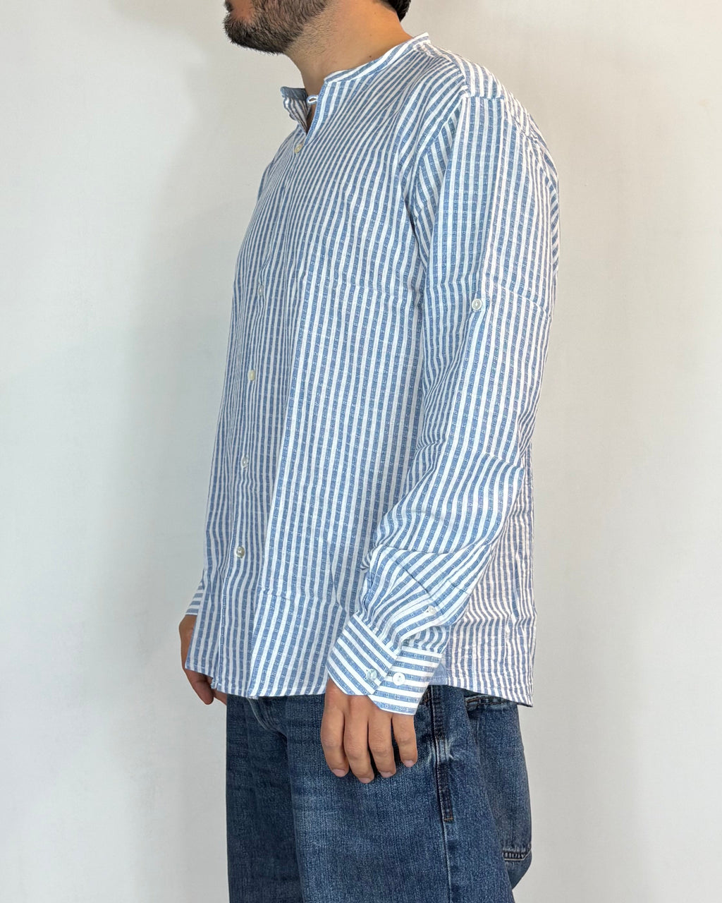 Camicia Korean Lino Riga Blu Over-D
