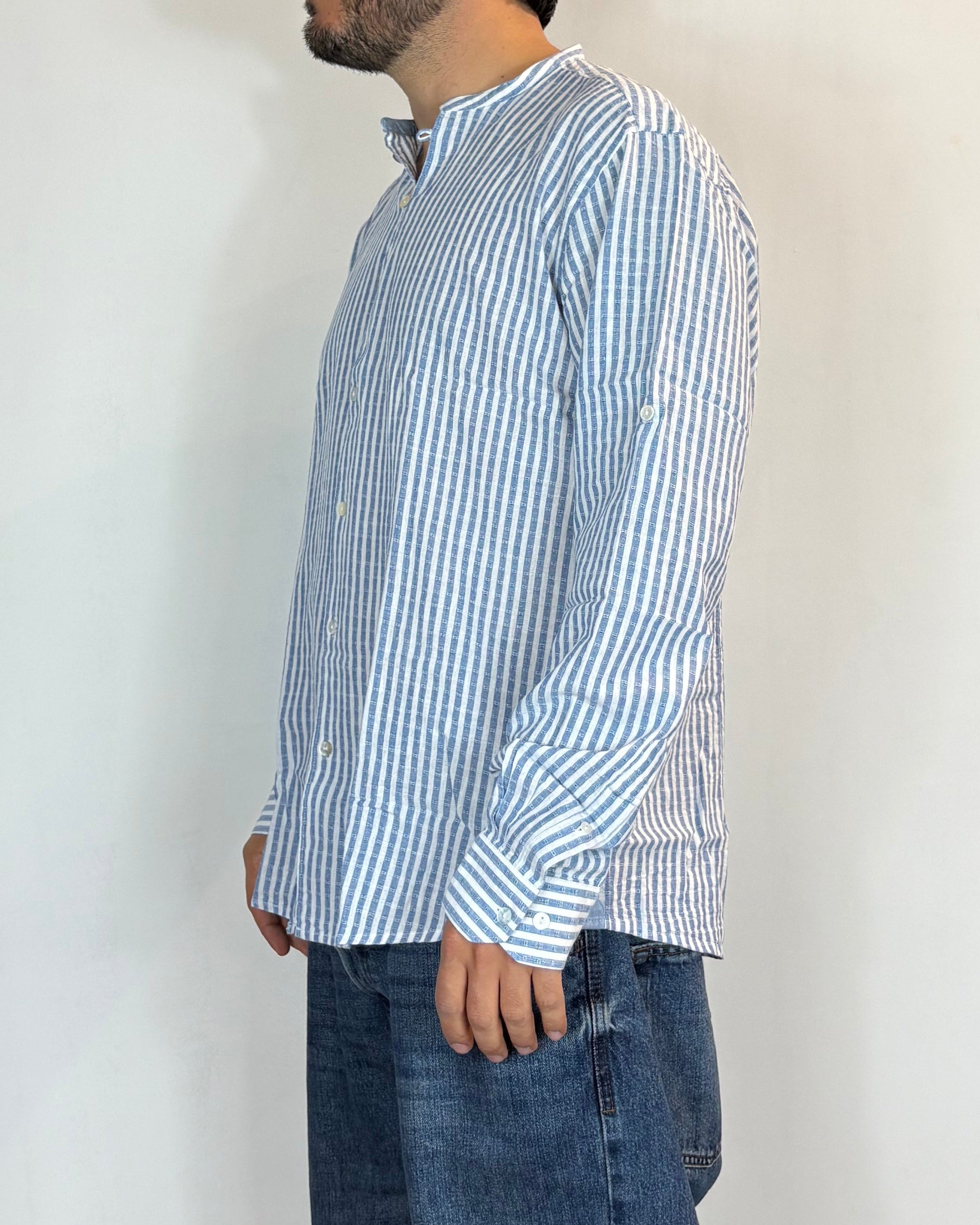 Camicia Korean Lino Riga Blu Over-D