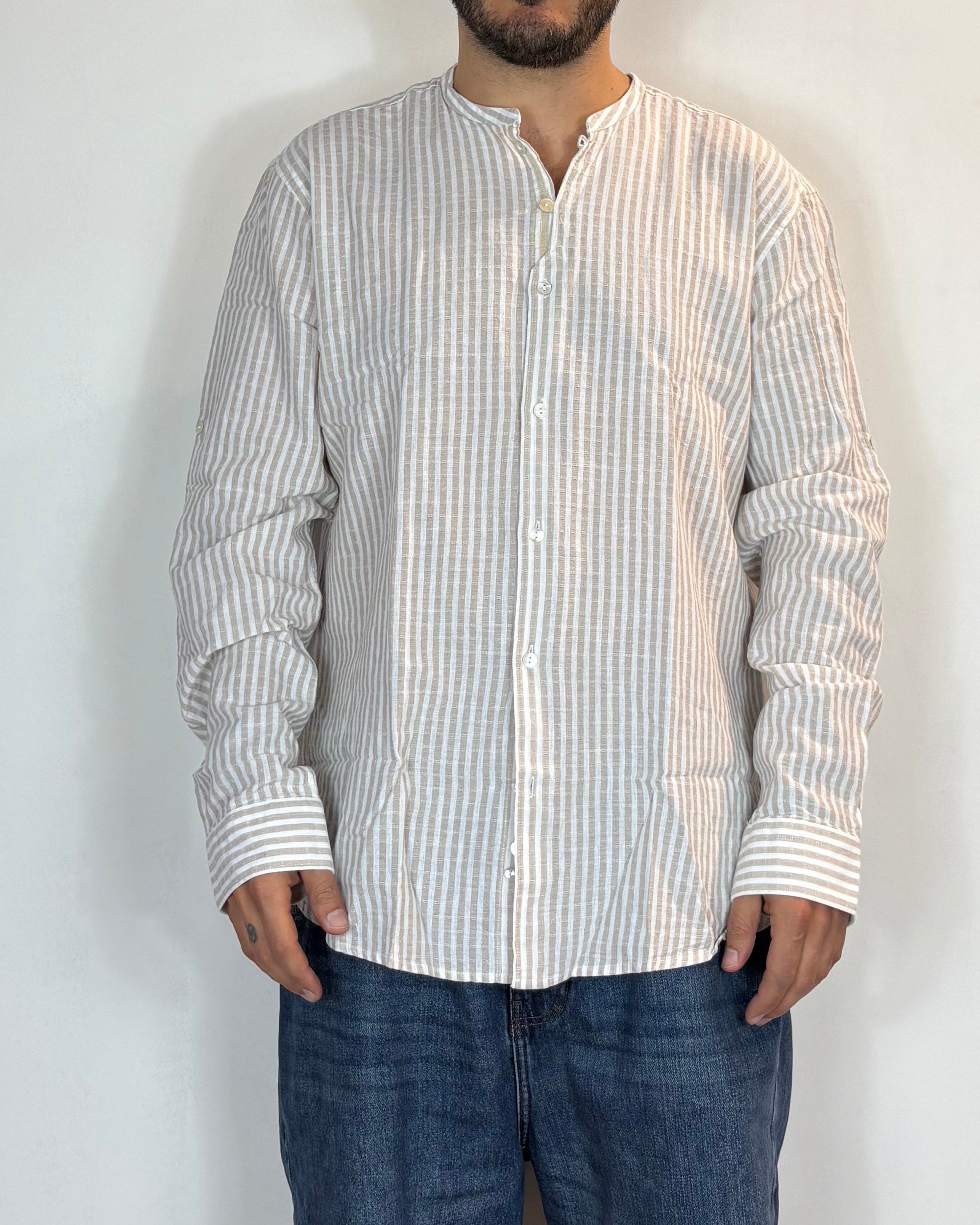 Camicia Korean Lino Riga Beige Over-D