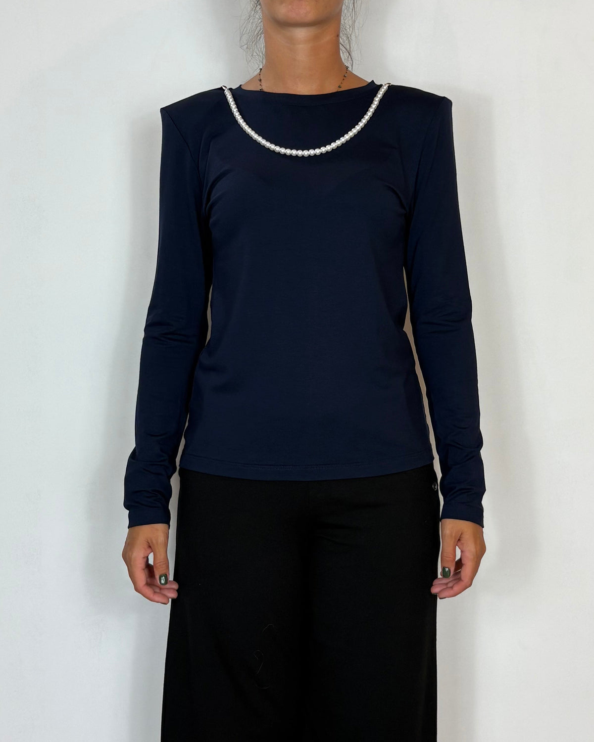T-Shirt Viscosa Spalline e Perle Blu Olivia Grey